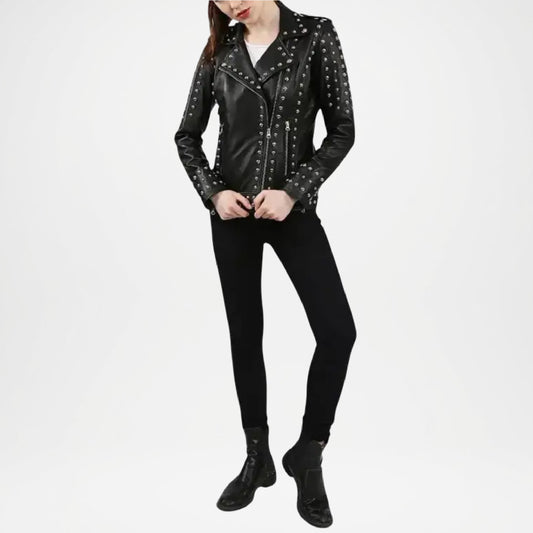 Black Studded Leather Biker Jacket for Women