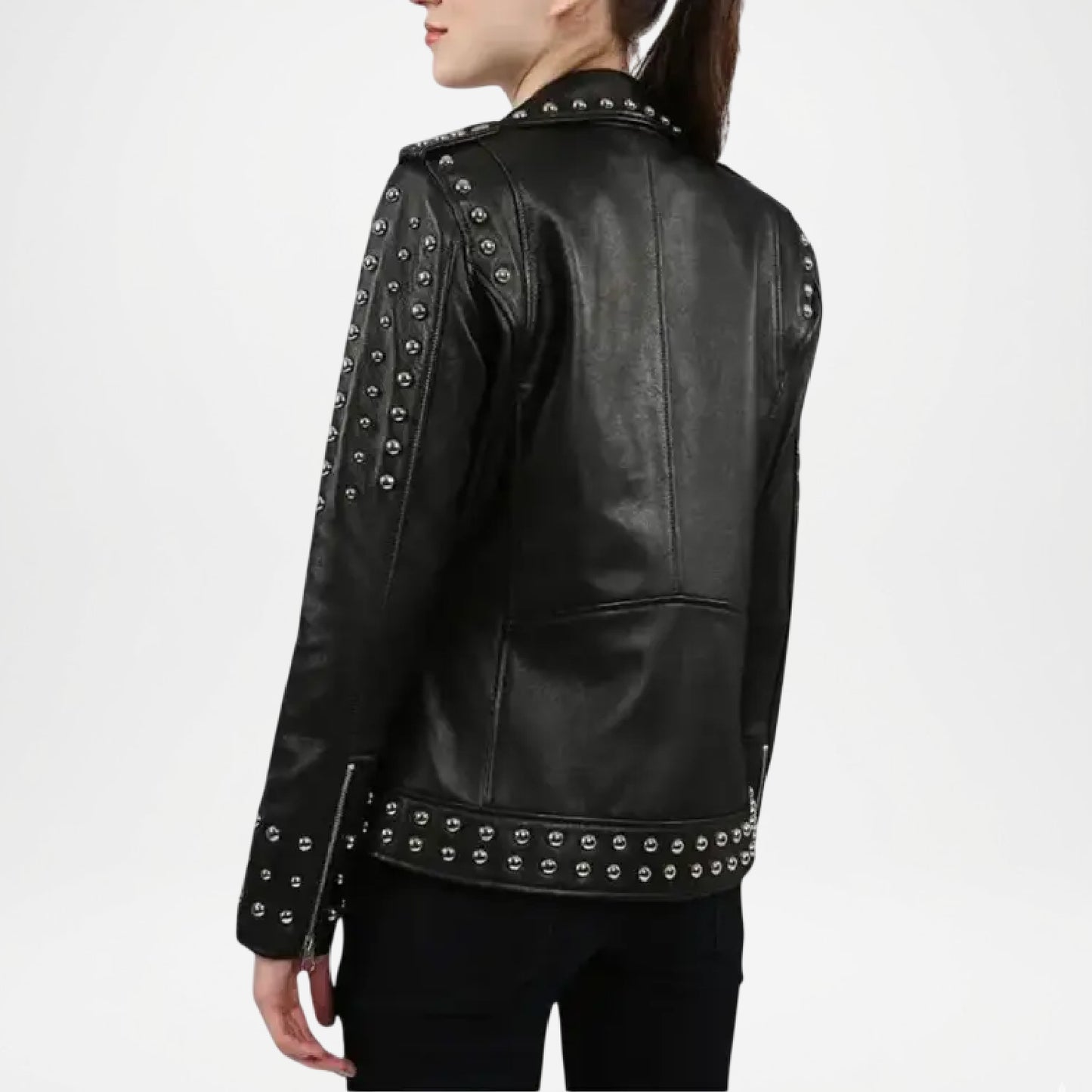 Black Studded Leather Biker Jacket for Women