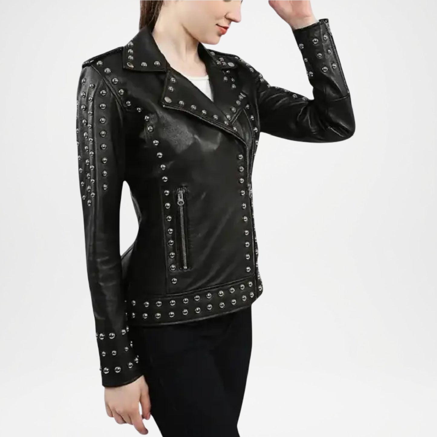 Black Studded Leather Biker Jacket for Women