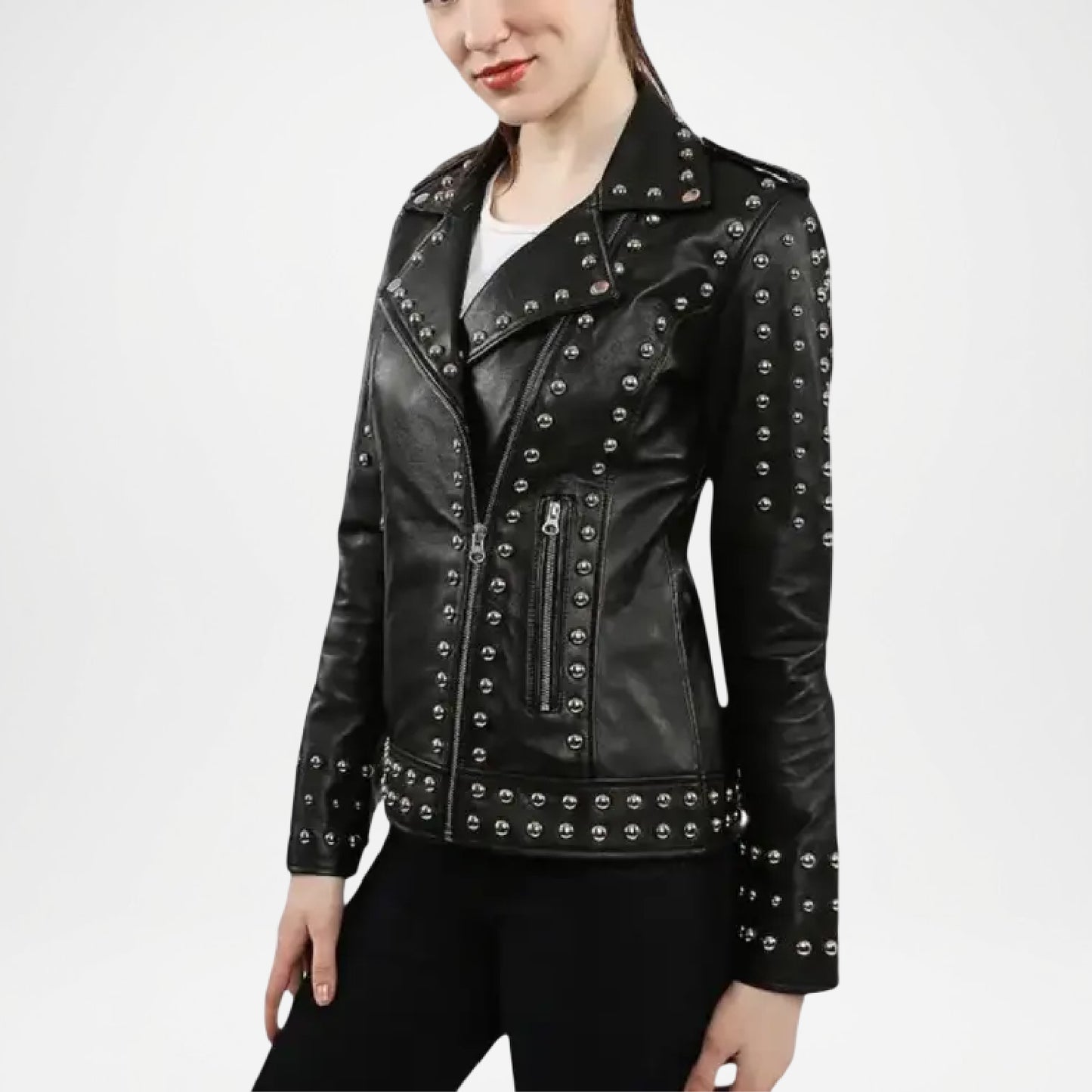 Black Studded Leather Biker Jacket for Women