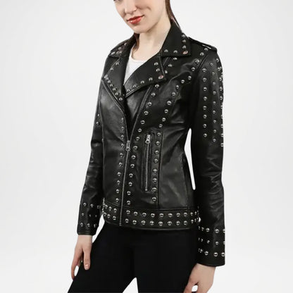 Black Studded Leather Biker Jacket for Women