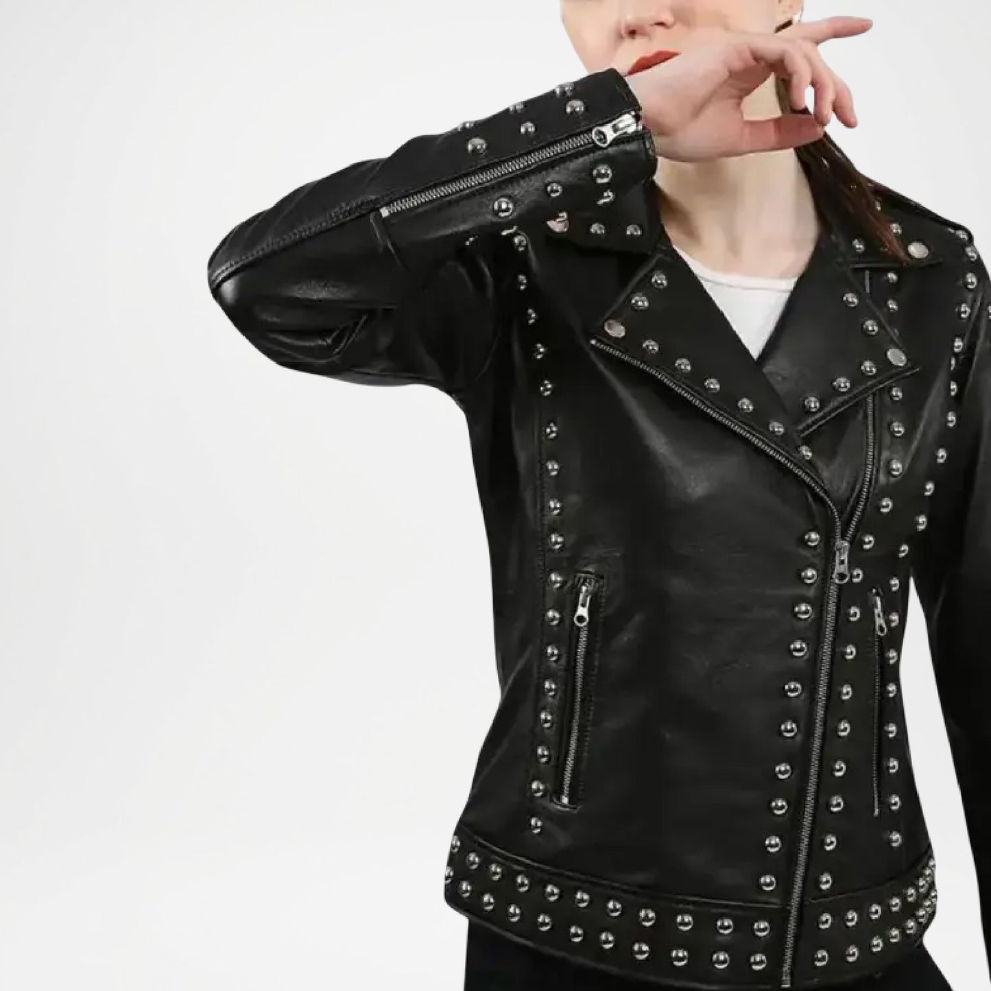 Black Studded Leather Biker Jacket for Women