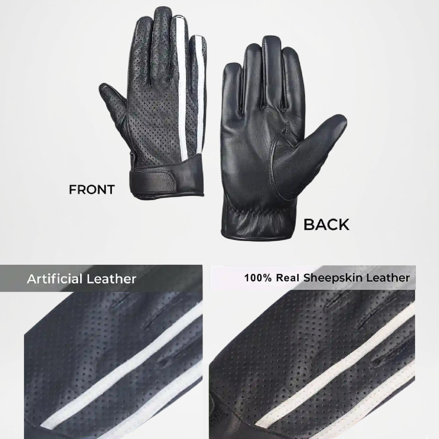 Saturn Men’s Black Leather Gloves With White Stripe