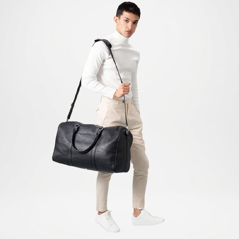 Darrio Black Leather Duffle Bag for Men