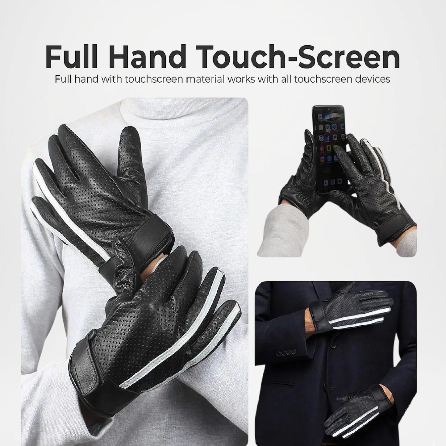 Saturn Men’s Black Leather Gloves With White Stripe