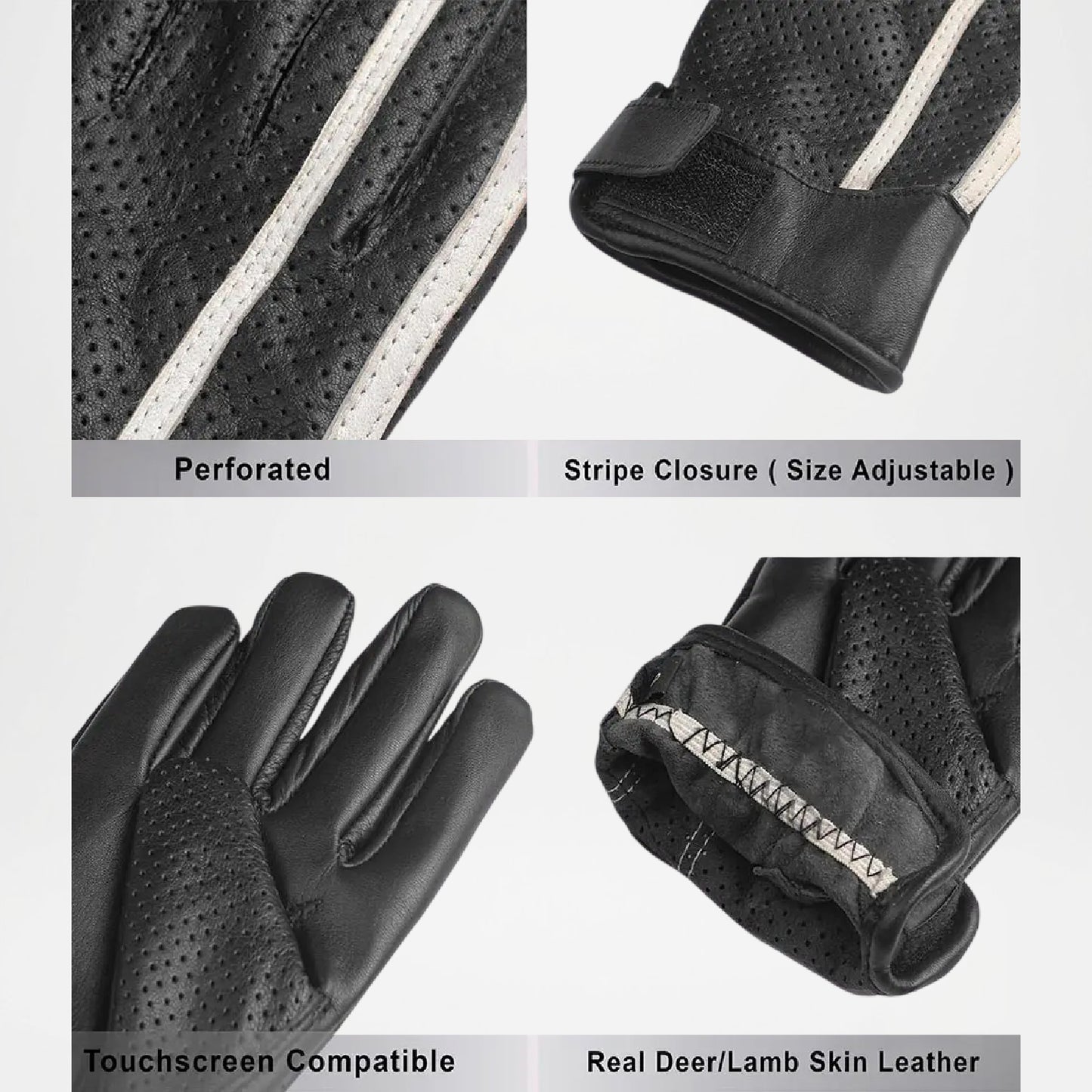 Saturn Men’s Black Leather Gloves With White Stripe