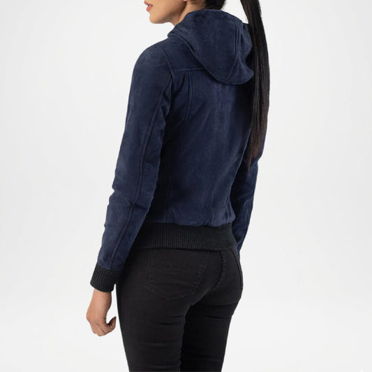 Blue Hooded Suede Bomber Jacket for Women