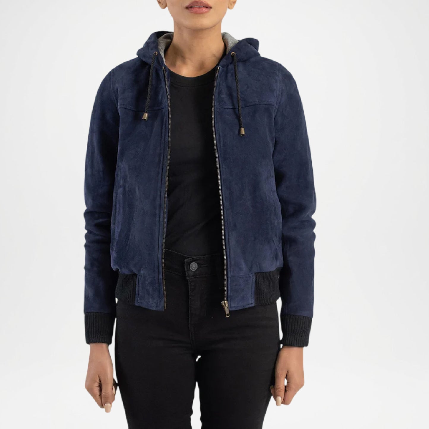 Blue Hooded Suede Bomber Jacket for Women