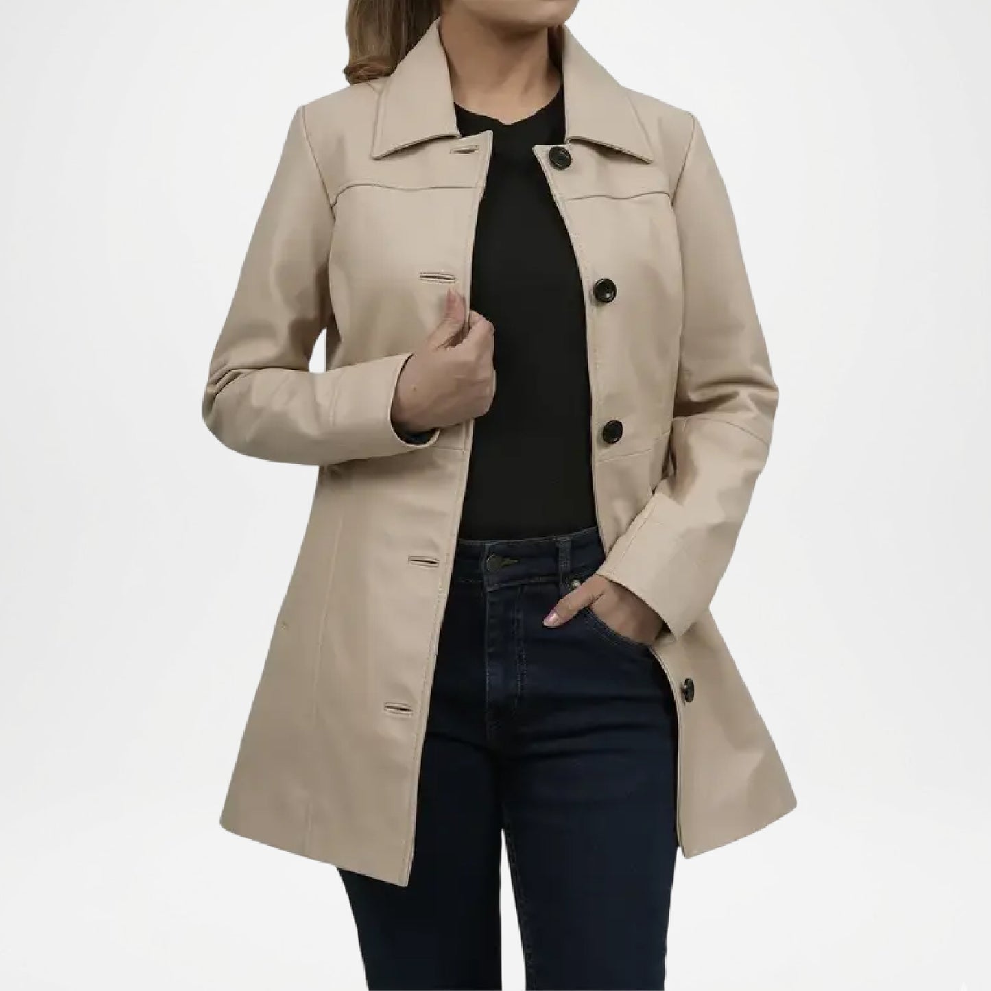 Biege Lambskin Leather Car Coat for Women