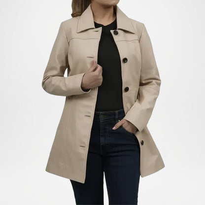 Biege Lambskin Leather Car Coat for Women