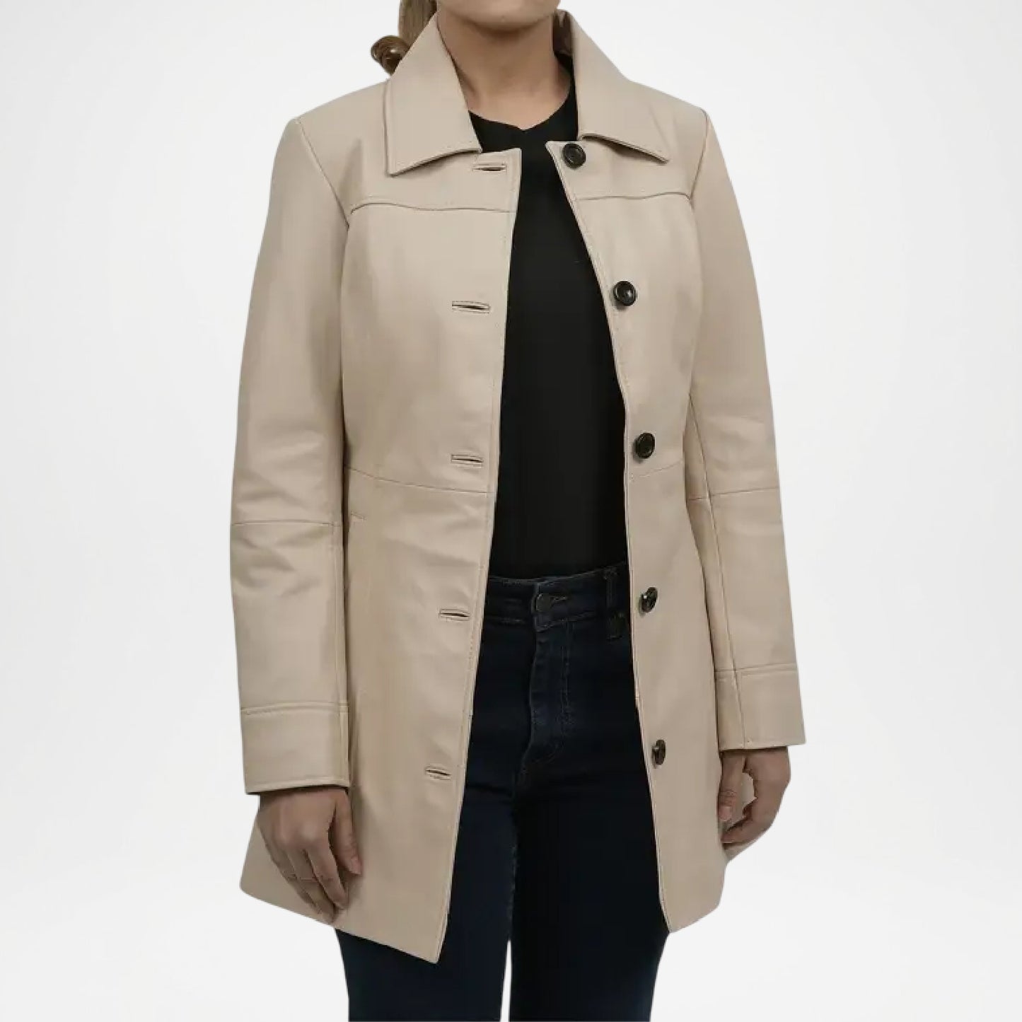 Biege Lambskin Leather Car Coat for Women