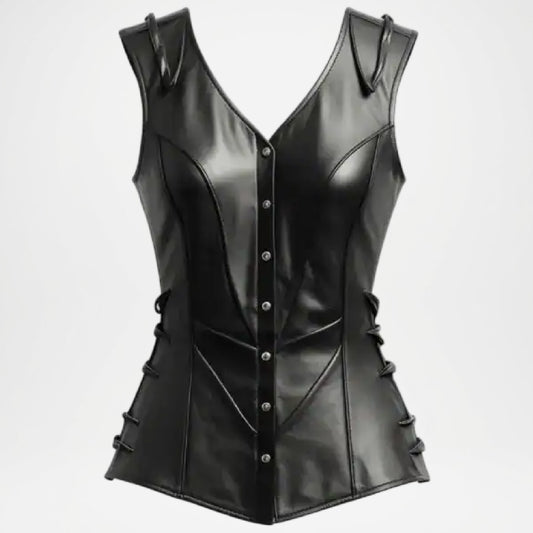Black Leather Biker Vest for Women