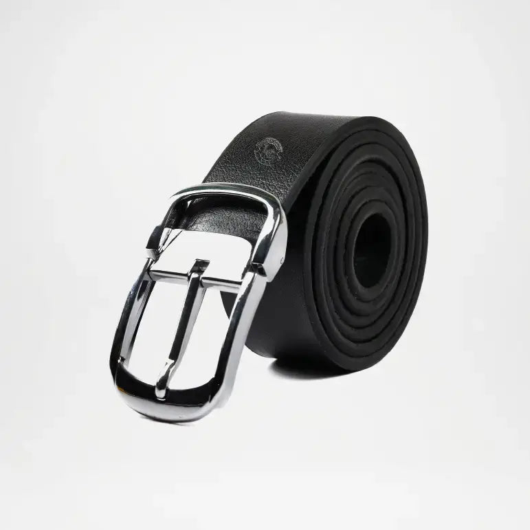 Black leather belt with silver buckle on a light gray background