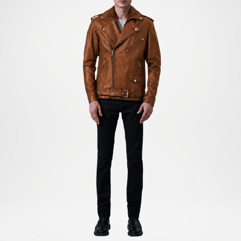 men's brown leather jacket biker moto