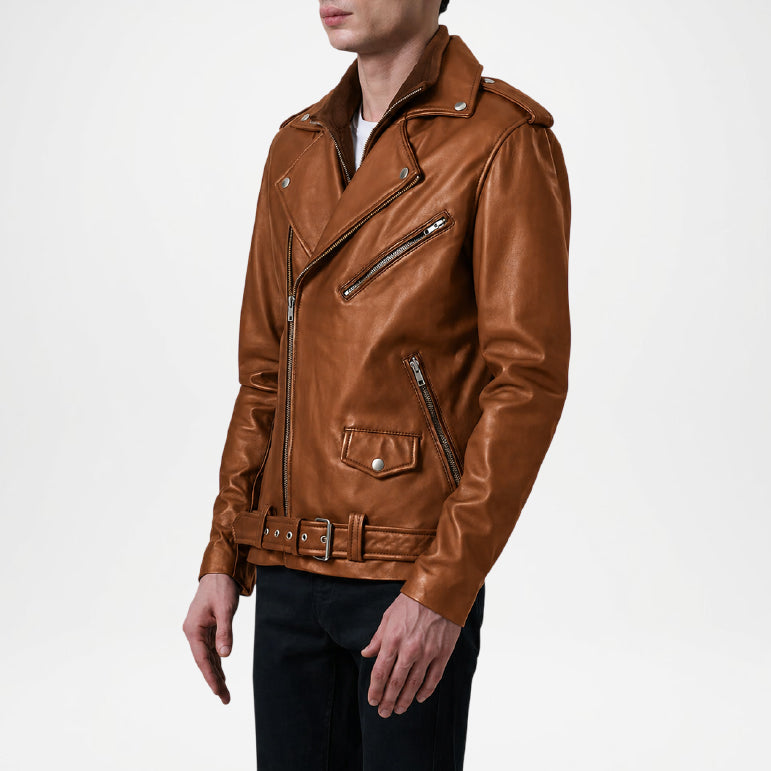 Brown leather jacket worn by a person on a white background