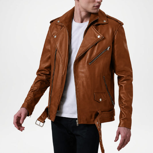 men's brown biker leather jacket