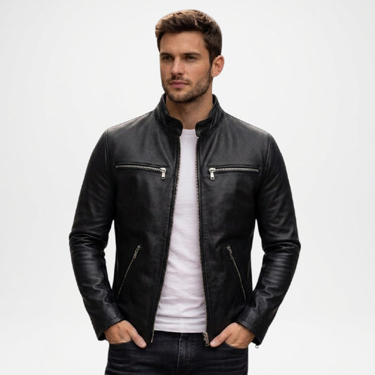 Black Leather Biker Jacket Mens Ionic Style