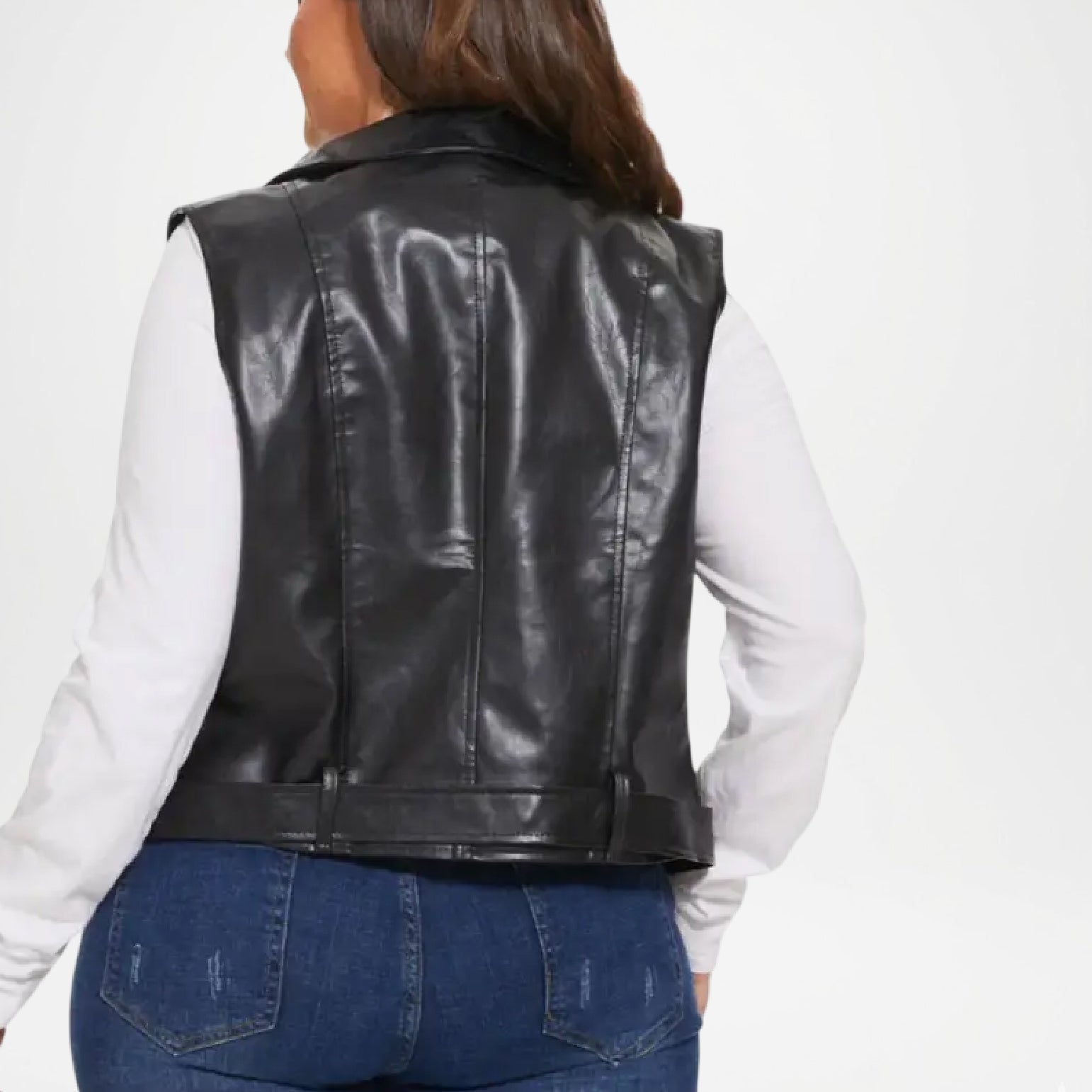 Jazmine Women’s Black Leather Vest Belted Moto Fashion Style back view
 