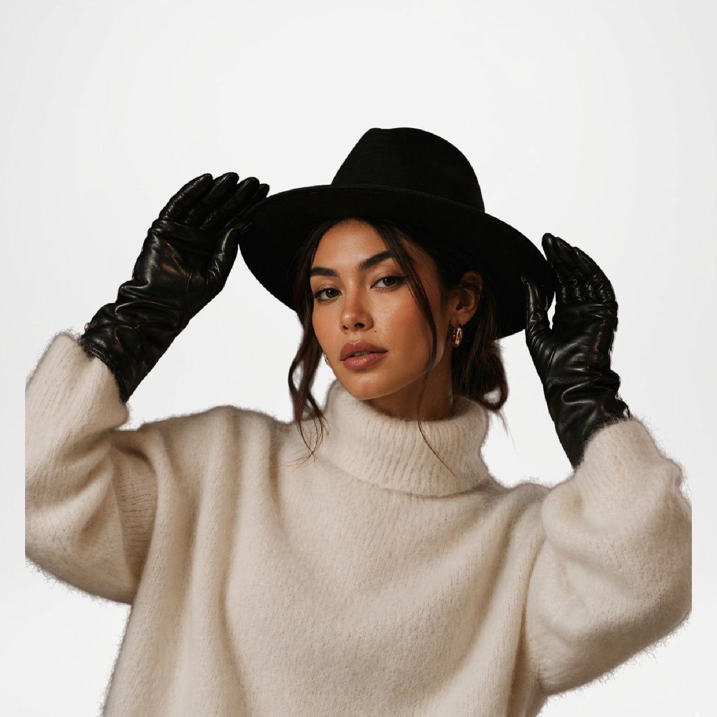 Camilla Black Long Leather Gloves with Cashmere Lining