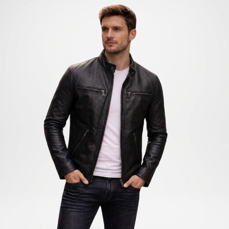 Black Leather Biker Jacket Mens Ionic Style