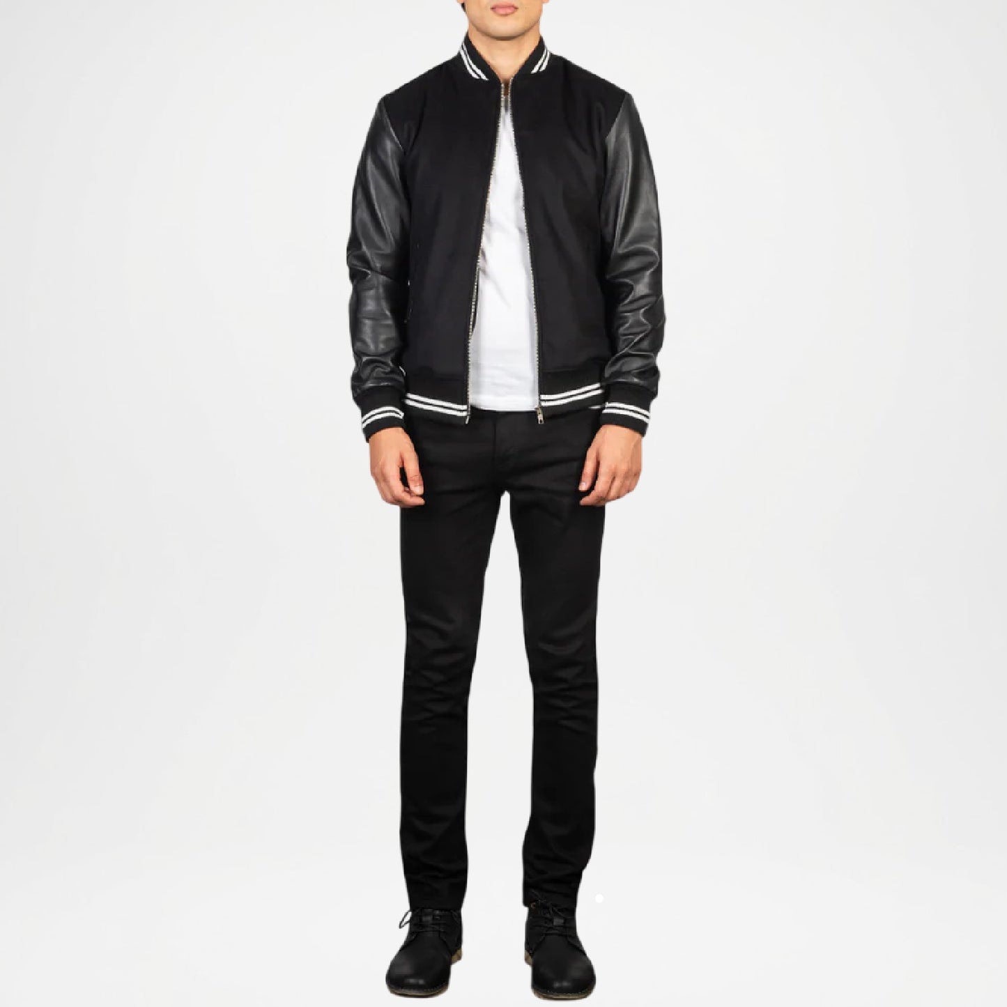 black bomber jacket with leather sleeves