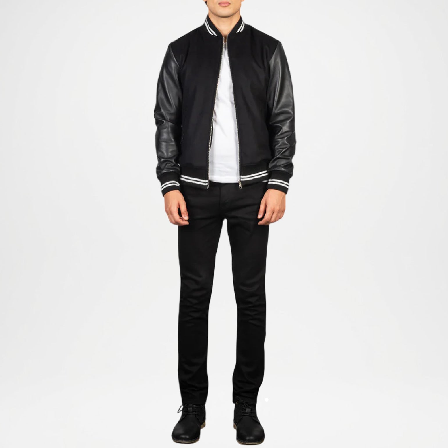 black bomber jacket with leather sleeves