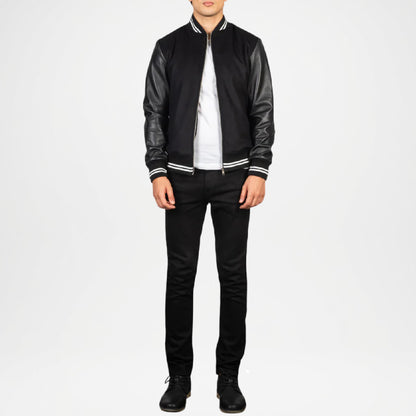black bomber jacket with leather sleeves