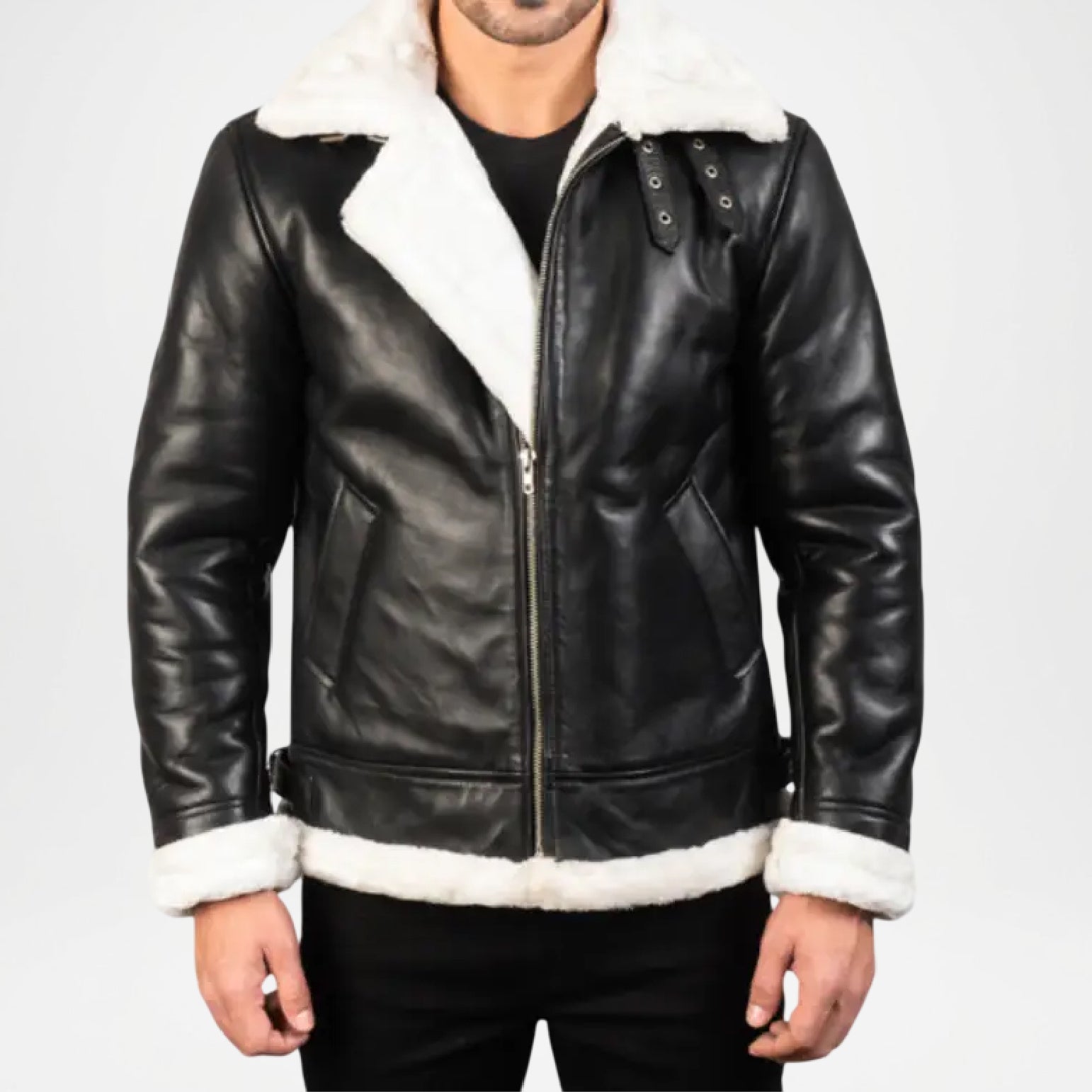 black sheepskin bomber jacket