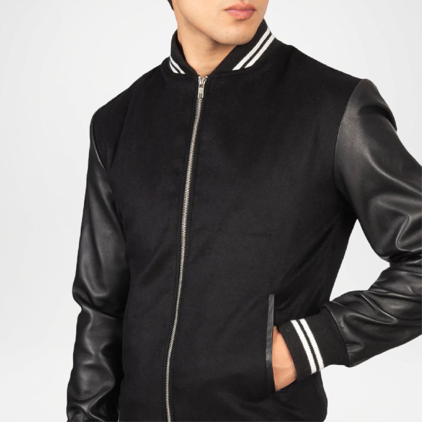 men's black varsity jacket with leather sleeves
