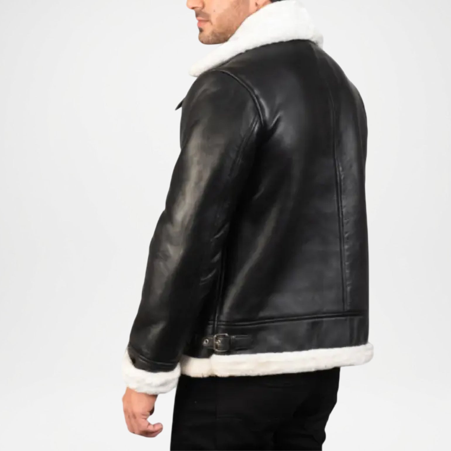 black leather shearling bomber jacket