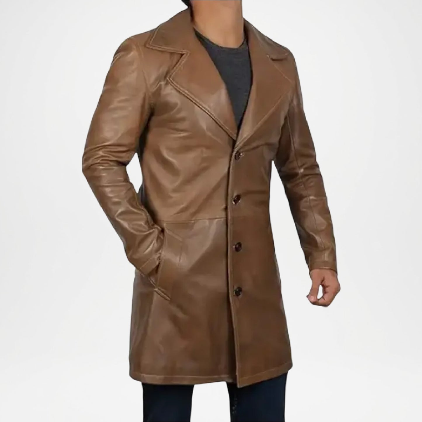 Vintage Brown Leather Trench Coat for Men