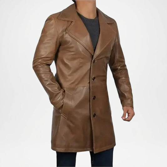 Vintage Brown Leather Trench Coat for Men