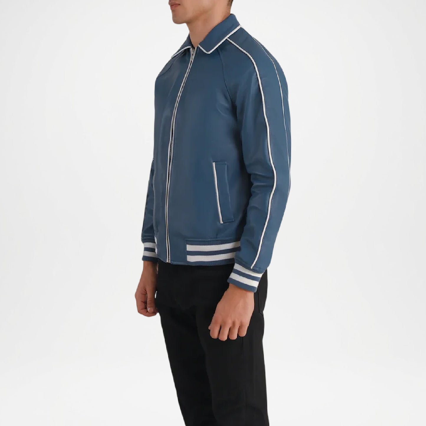 blue and white leather varsity jacket