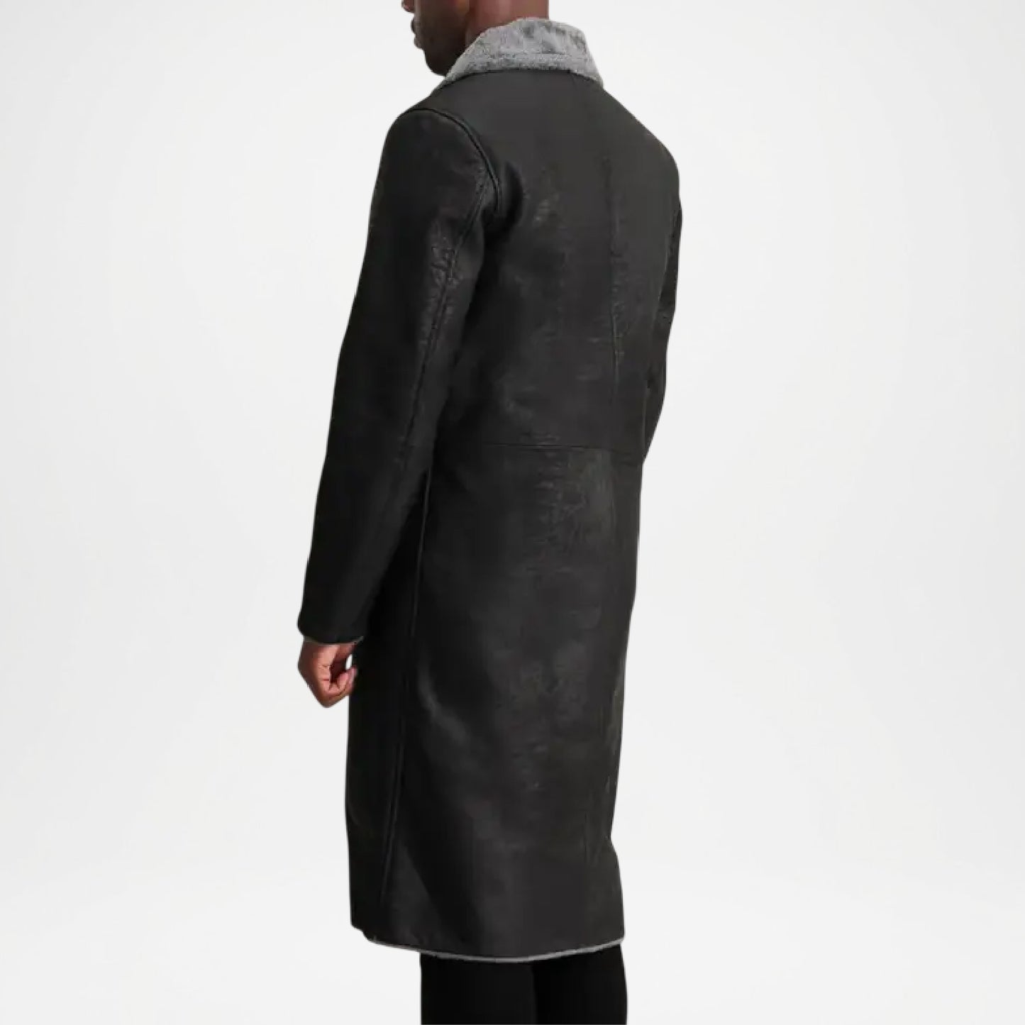 Black Shearling Leather Trench Coat for Men