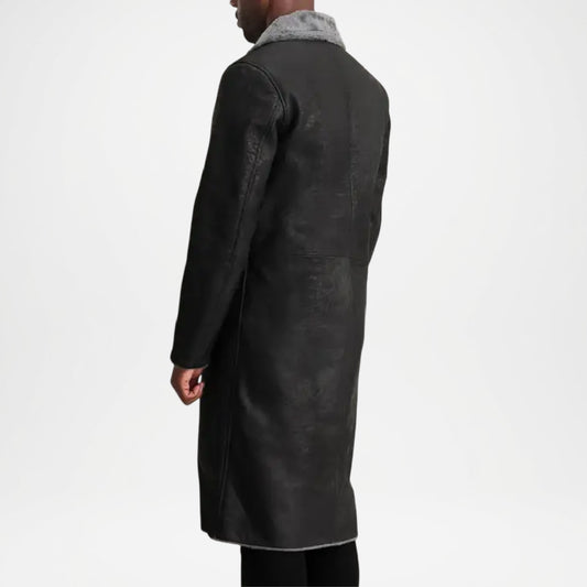 Black Shearling Leather Trench Coat for Men
