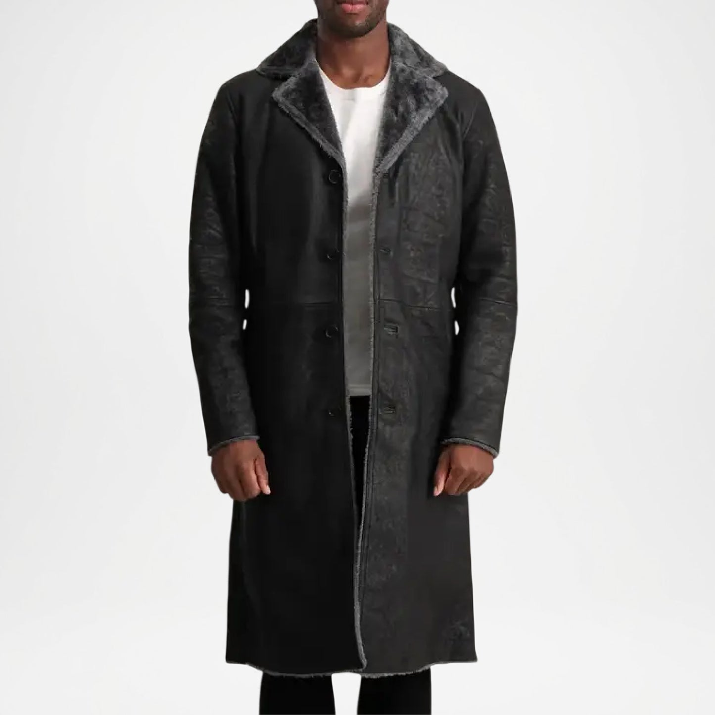 Black Shearling Leather Trench Coat for Men