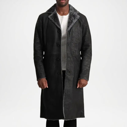 Black Shearling Leather Trench Coat for Men