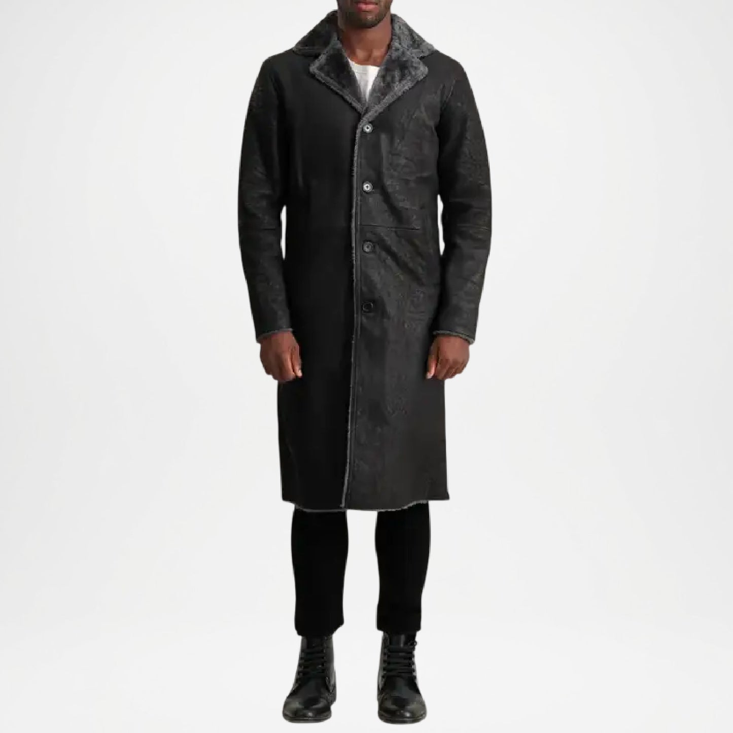 Black Shearling Leather Trench Coat for Men