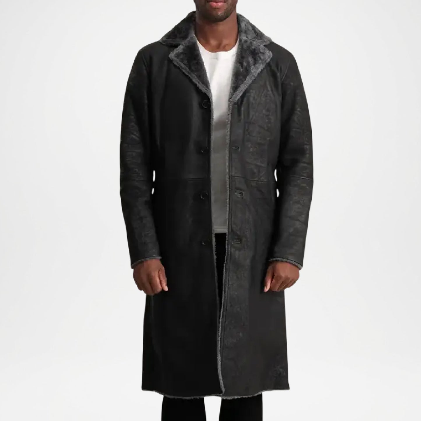 Black Shearling Leather Trench Coat for Men