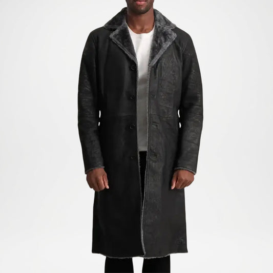 Black Shearling Leather Trench Coat for Men