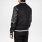 black varsity jacket with leather sleeves