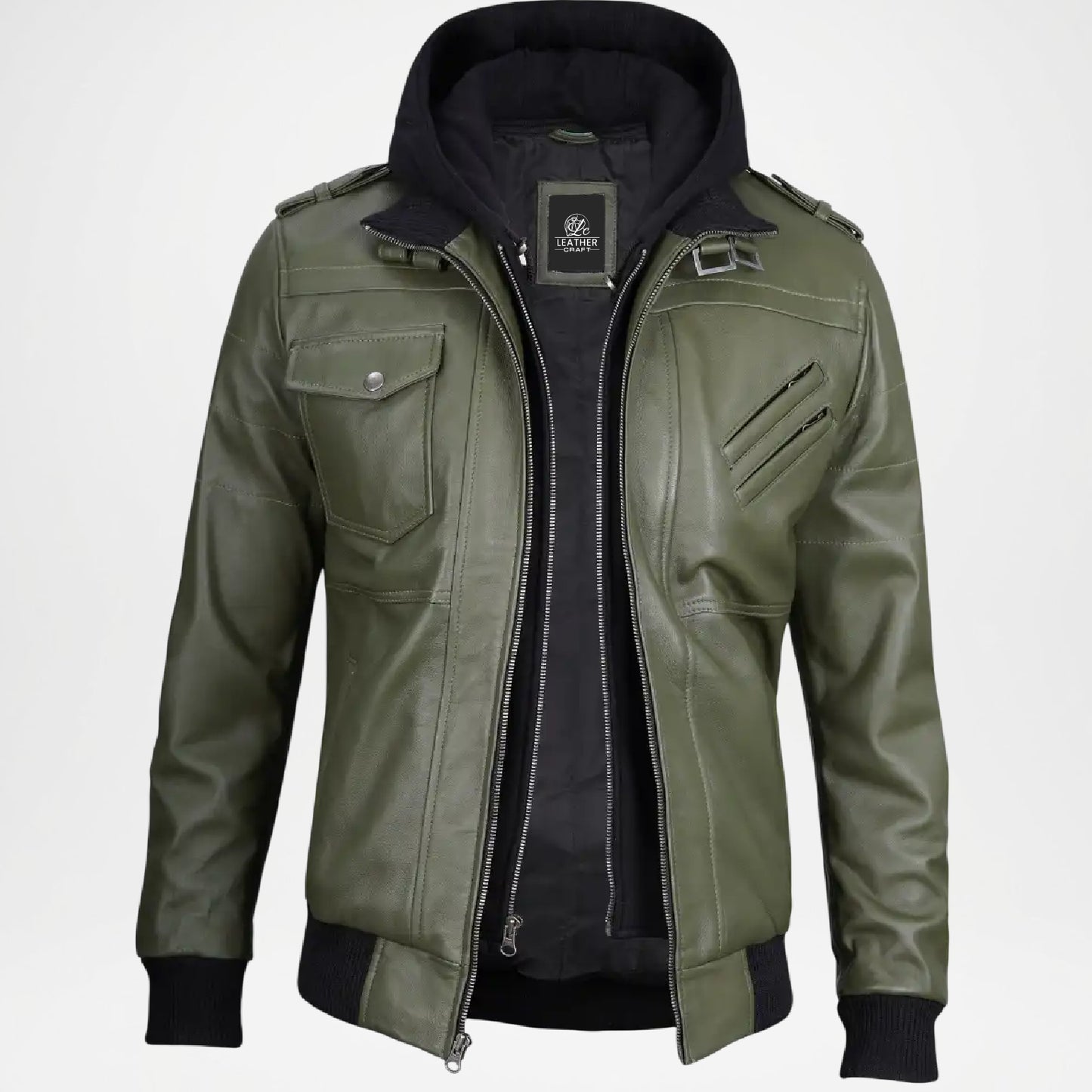 Olive Green Leather Bomber Jacket for Men
