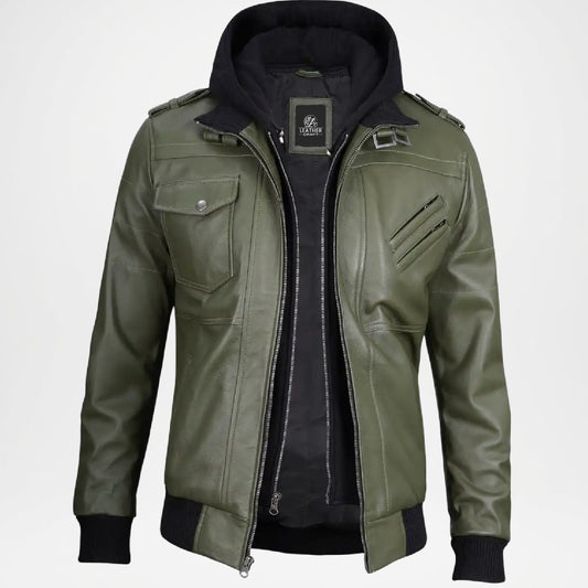 Olive Green Leather Bomber Jacket for Men