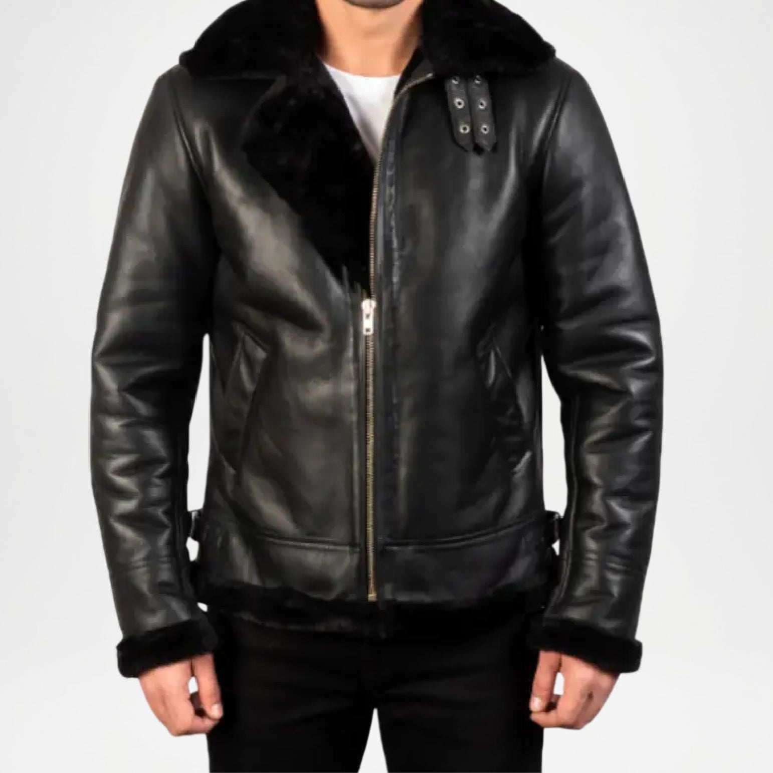 black leather shearling bomber jacket