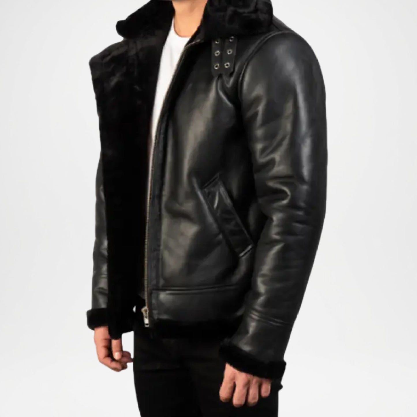 black leather bomber jacket with shearling collar