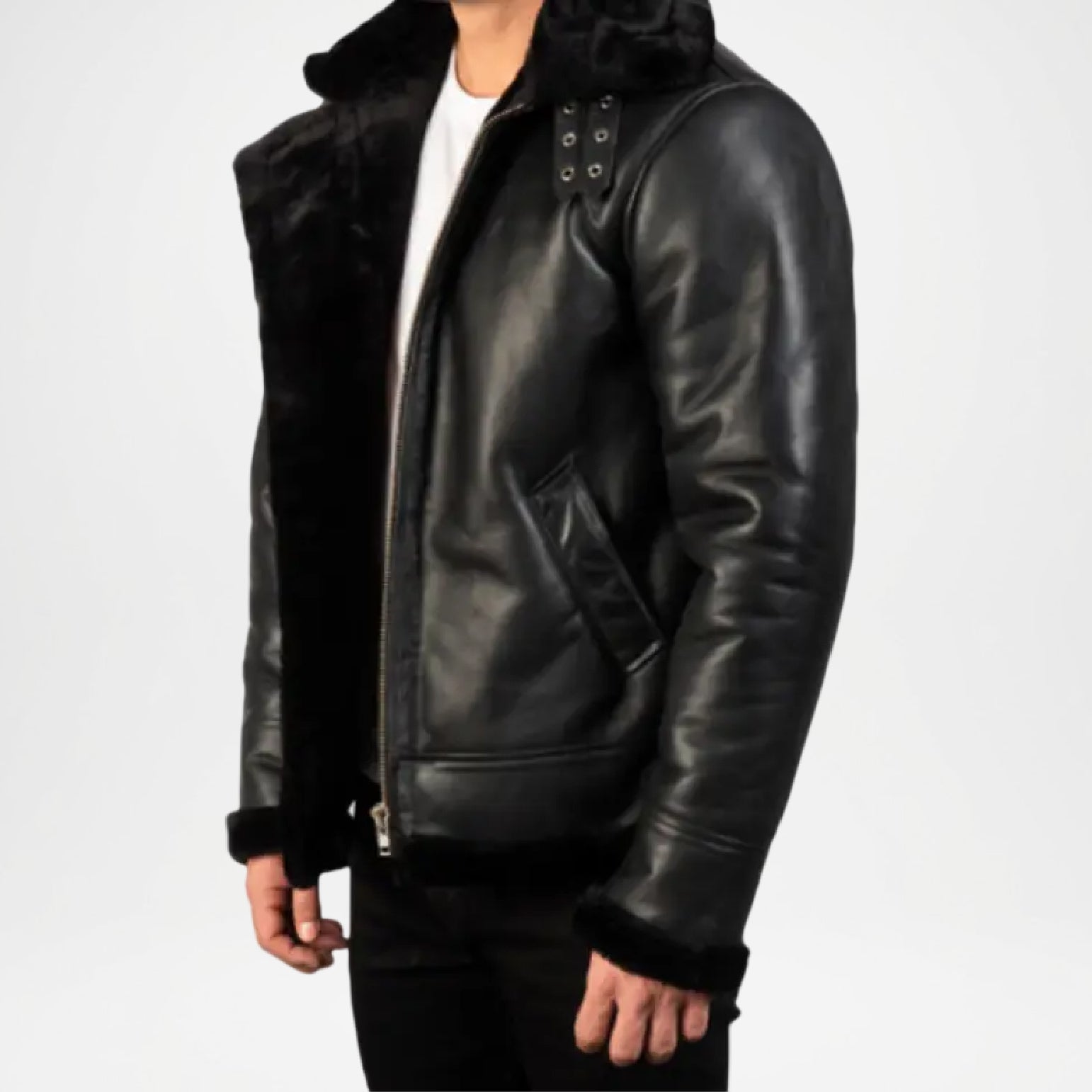black leather bomber jacket with shearling collar