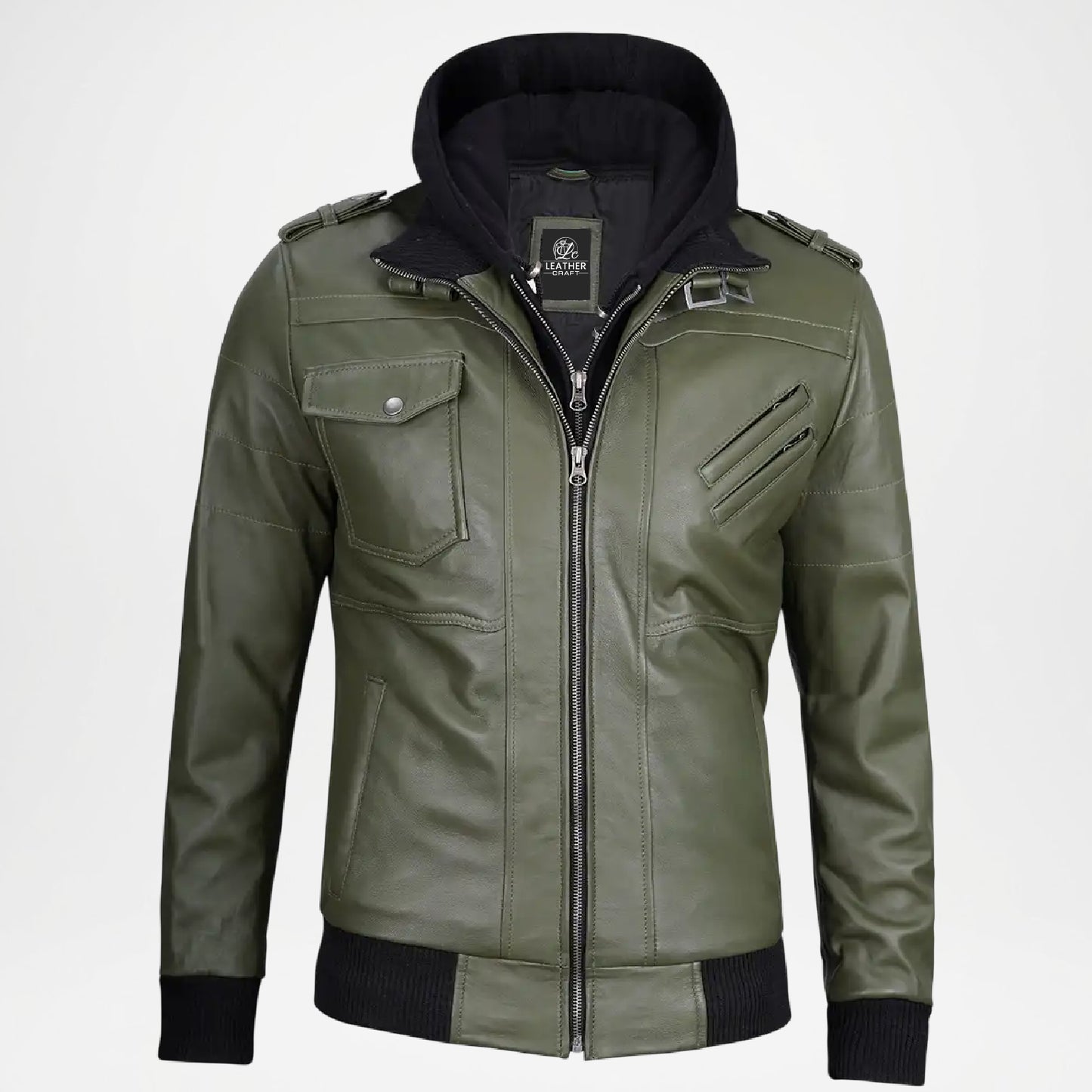Olive Green Leather Bomber Jacket for Men
