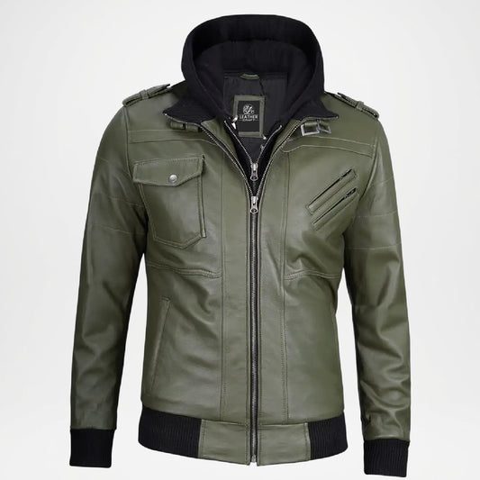 Olive Green Leather Bomber Jacket for Men