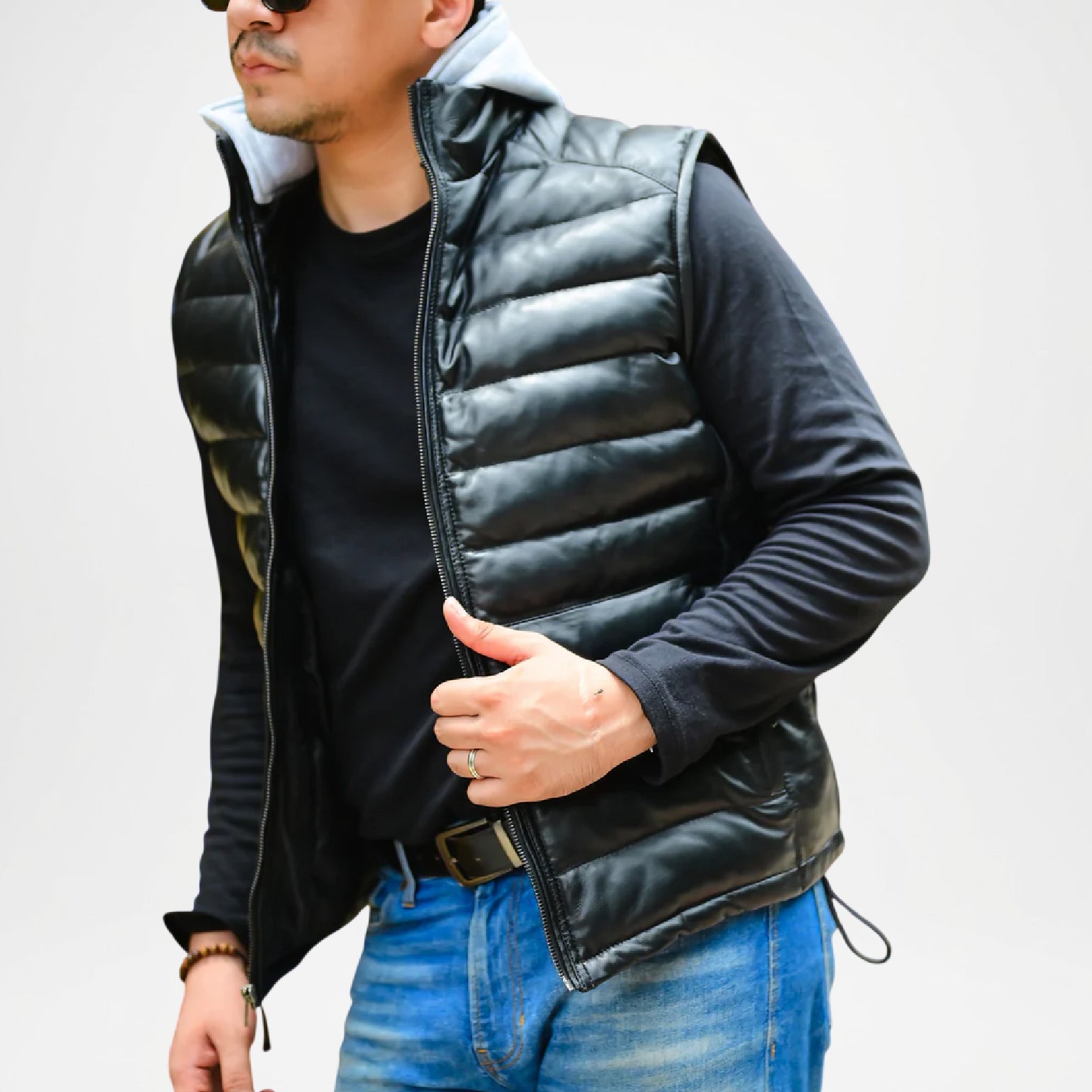 black leather puffer vest for men
