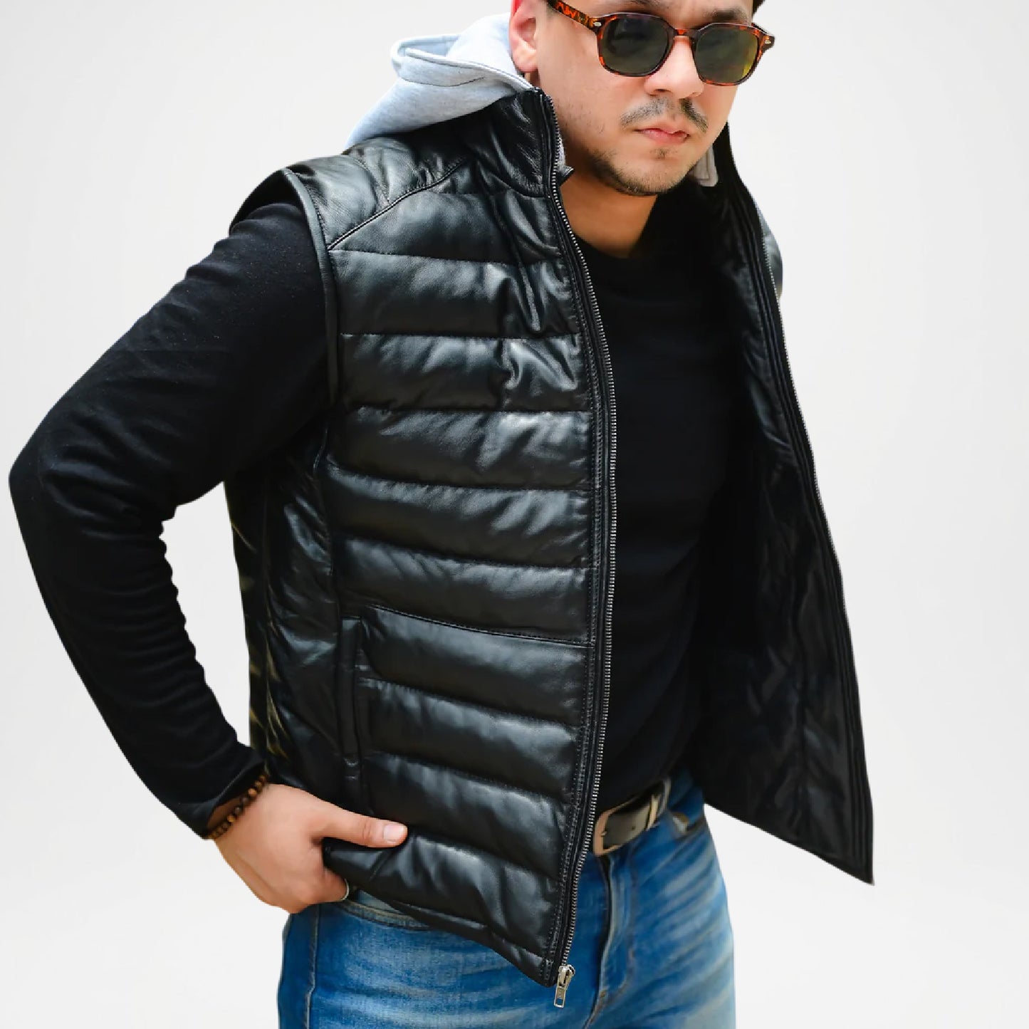 black leather puffer jacket vest